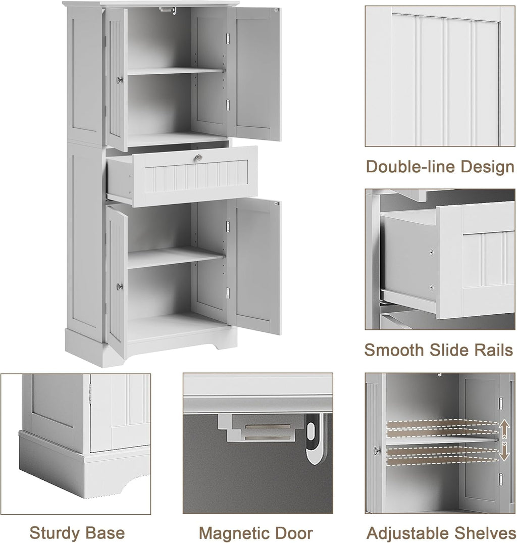 ChooChoo 51" H Bathroom Floor Cabinet with Drawers and Adjustable Shelves | Bathroom Storage Cabinet, Freestanding Kitchen Pantry Cupboard with 4 Doors for Living Room, White
