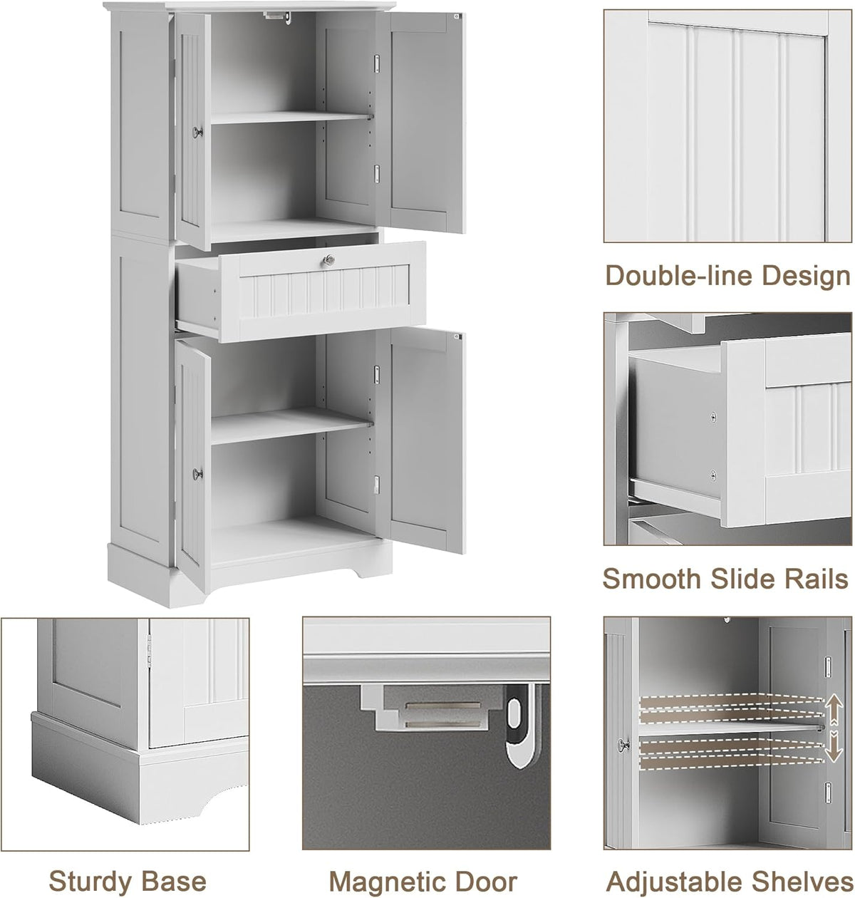 ChooChoo 51" H Bathroom Floor Cabinet with Drawers and Adjustable Shelves | Bathroom Storage Cabinet, Freestanding Kitchen Pantry Cupboard with 4 Doors for Living Room, White