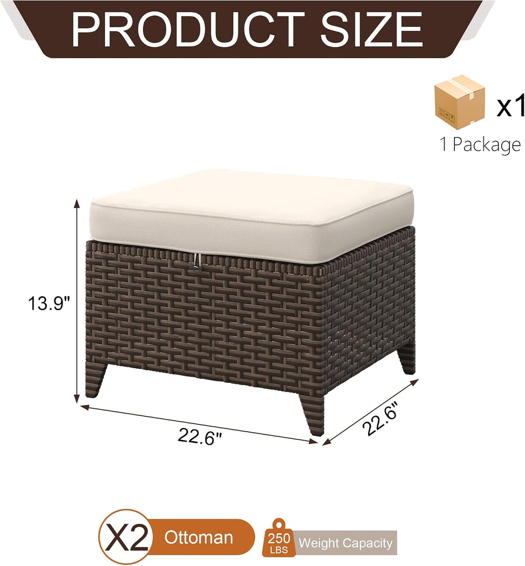 Patio Ottomans 2 Pieces, Outdoor 22" x 22" PE Wicker Ottoman with Removable Waterproof Cushions, All Weather Rattan Foot Stool Furniture for Deck, Porch, Backyard, Balcony, Poolside