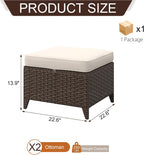 Patio Ottomans 2 Pieces, Outdoor 22" x 22" PE Wicker Ottoman with Removable Waterproof Cushions, All Weather Rattan Foot Stool Furniture for Deck, Porch, Backyard, Balcony, Poolside