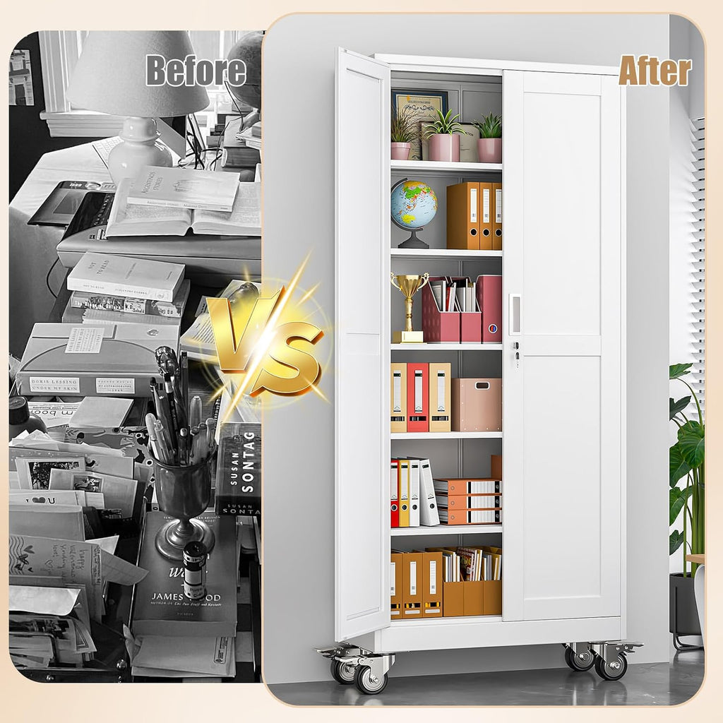 75" H Metal Pantry Storage Locker Cabinet with Wheels,Rolling Kitchen Pantry Cabinet with 2 Doors and 5 Adjustable Shelves, Lockable Steel Garage Tool Cabinet Organization for Home,Gym,School,White