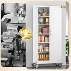 75" H Metal Pantry Storage Locker Cabinet with Wheels,Rolling Kitchen Pantry Cabinet with 2 Doors and 5 Adjustable Shelves, Lockable Steel Garage Tool Cabinet Organization for Home,Gym,School,White