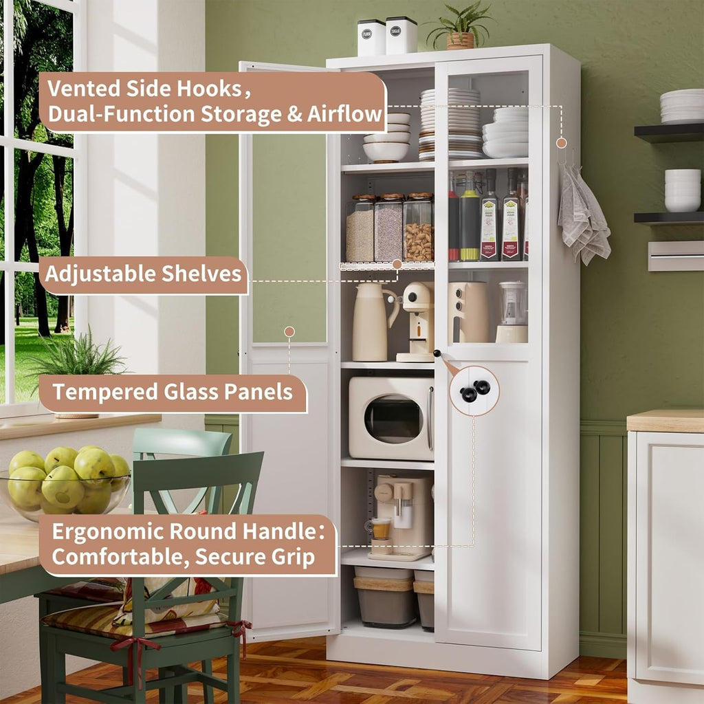 34.6" White Metal Pantry Cabinet with Adjustable Shelves, Freestanding Kitchen Storage Cabinet with Magnetic Doors, for Small Kitchen Dining Room Apartment, 27.6x13.8x34.6 Inches