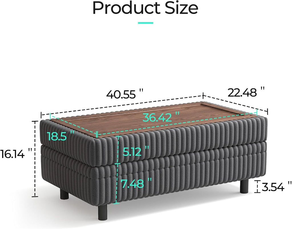 LINSY HOME Sectional Sleeper Sofa Storage Ottoman Bench, Convertible Coffee Table Plush Corduroy Couch Ottoman Footstool for Living Room, Bedroom Entryway and Family Room, Grey
