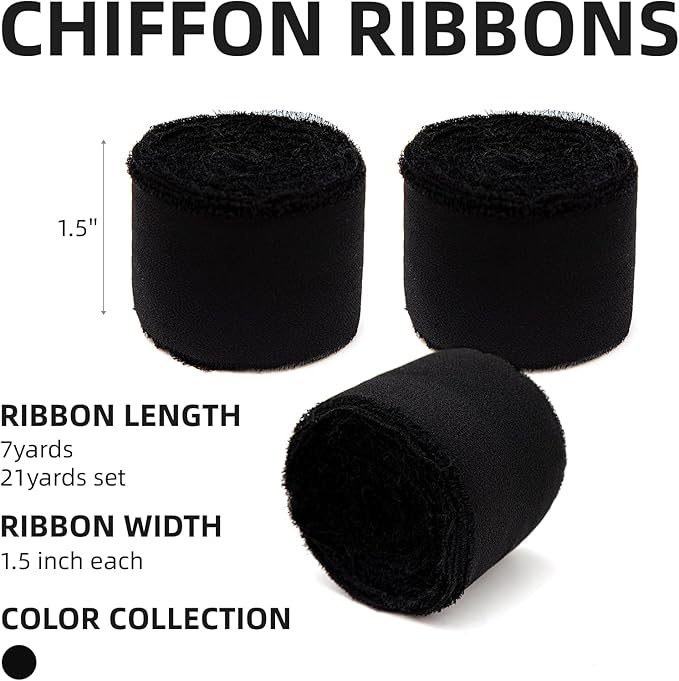 3 Rolls Black Handmade Chiffon Ribbon,1.5" x 21Yd Frayed Fringe Silk Ribbons (3 Rolls *7Yd) for Gifts Wrapping, Wedding Invitations, Bridal Bouquets, Decorations