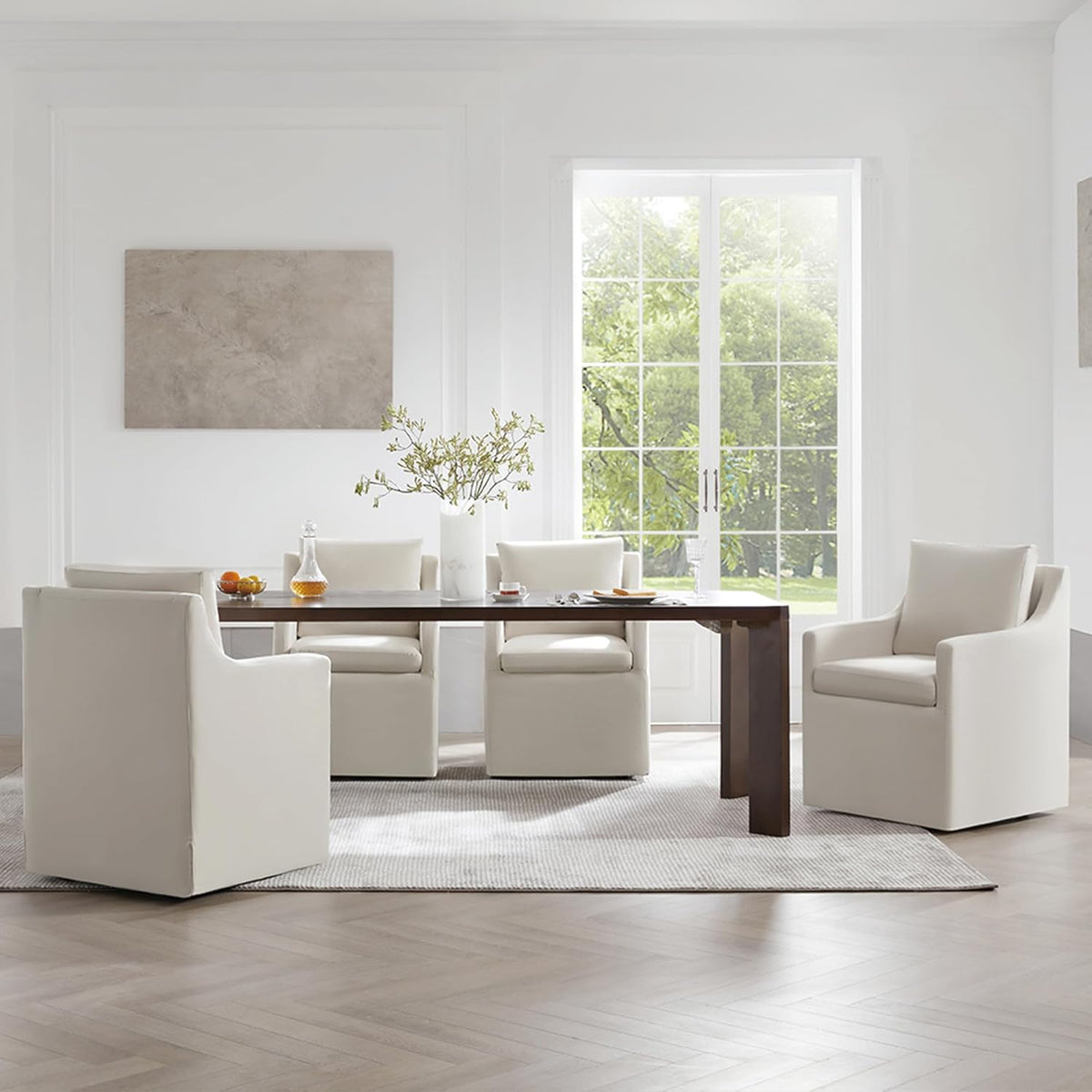 KISLOT Upholstered Dining Chairs with Casters Modern Side Armchair with Rollers for Diningroom Bedroom Livingroom Reading Room, Flax Beige, 1 Box