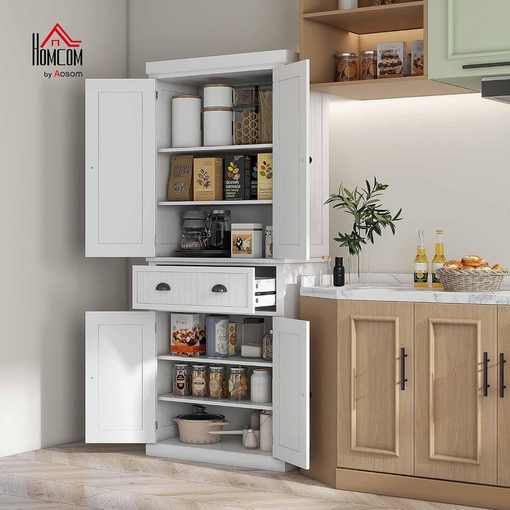 HOMCOM 72" Kitchen Pantry Cabinet Freestanding Tall Storage Cabinet White | Traditional Kitchen Pantry, 4 Doors, Drawer, 3 Adjustable Shelves, for Dining Room