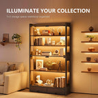 ROCHECASA Glass Display Cabinet 69''H with LED Lights, 5-Tier Showcase with Drawers, Collectible Figure Display Case, Freestanding Curio Cabinet, Tall Storage Shelves, Black, 27.6''W