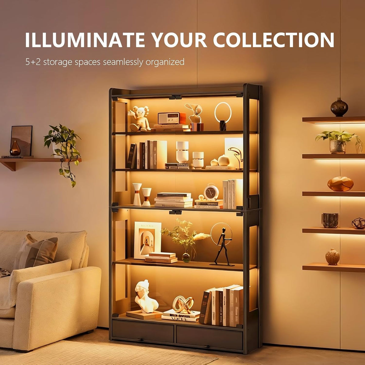 ROCHECASA Glass Display Cabinet 69''H with LED Lights, 5-Tier Showcase with Drawers, Collectible Figure Display Case, Freestanding Curio Cabinet, Tall Storage Shelves, Black, 27.6''W