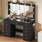 Vanity with Large Mirror and 10 LED Lights, Vanity Desk with Glasss Top, Makeup Desk with 11 Drawers & Power Outlet & Hair Dryer Stand, Dressing Table with Crystal Handles for Girls, Women (Black)