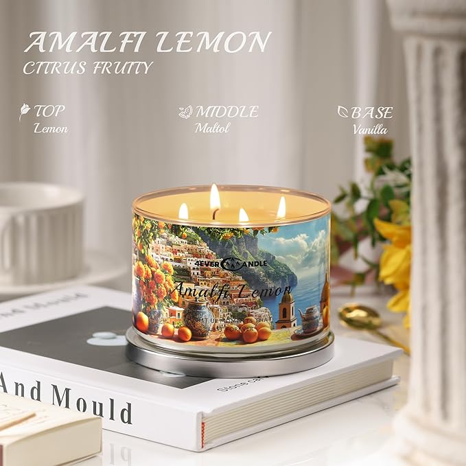 4-Wick Scented Candle - 18oz Soy Wax Blend Candle Over 50Hrs Long-Lasting Fragrance, Home Decor and Housewarming Gifts, Amalfi Lemon
