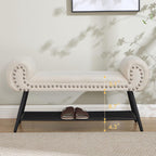 End of Bed Bench with Shoe Shelf, 45" Modern Velvet Upholstered Bedroom Bench with Rolled Arms and Metal Frame for Entryway, Living Room, Hallway, Foyer, 300 lbs, Cream