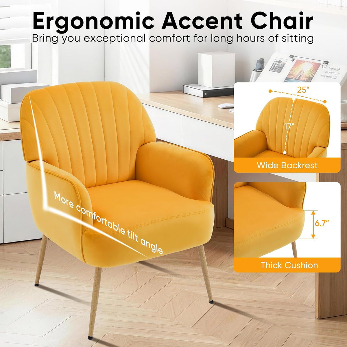 Velvet Accent Chair, Mid Century Modern Accent Chairs for Living Room, Comfy Upholstered Armchair with Metal Legs for Bedroom/Apartment/Office/Waiting Room, Golden Yellow