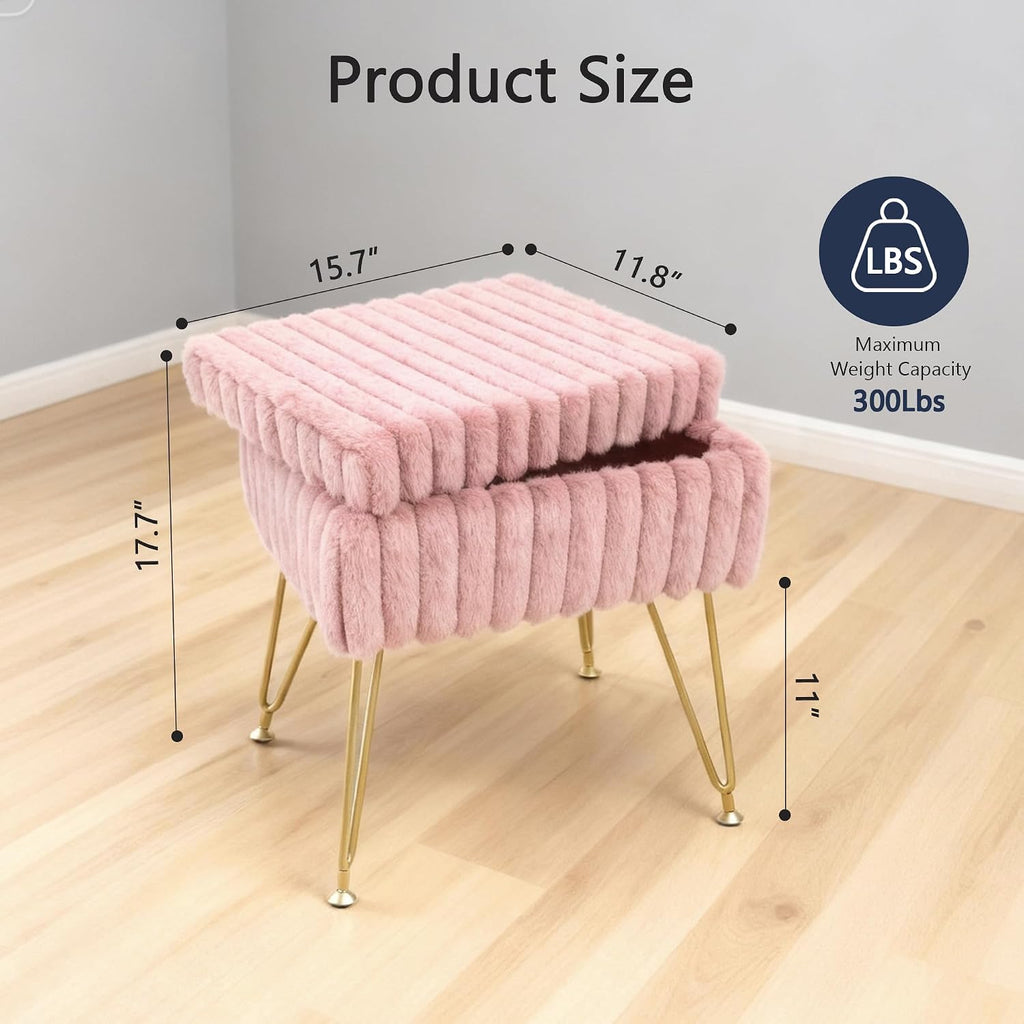 Vanity Stool Chair with Storage, Faux Fur Soft Padded Ottoman with Coffee Table, Modern Vanity Chair Fluffy Footstool with Metal Legs for Makeup, Living Room, Bedroom Pink