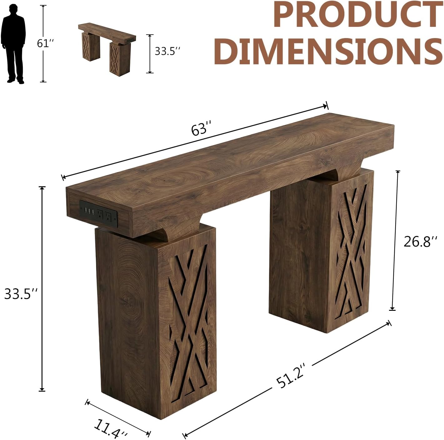 63-Inch Modern Console Table with LED & Outlet, Farmhouse Entryway Table with Geometric Base, Solid Wood-Grain Sofa Table Behind Couch, Narrow Accent Table for Hallway, Cracked Oak