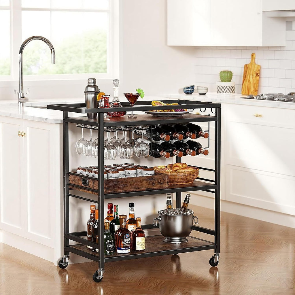 Leteuke Bar Cart for Home, 3 Tier Rolling Serving Carts with Wheels | Drink Cart, Liquor Stand with Removable Tray, Wine Rack and Glass Holder for Kitchen, Outdoor, Dining Room-Black Brown