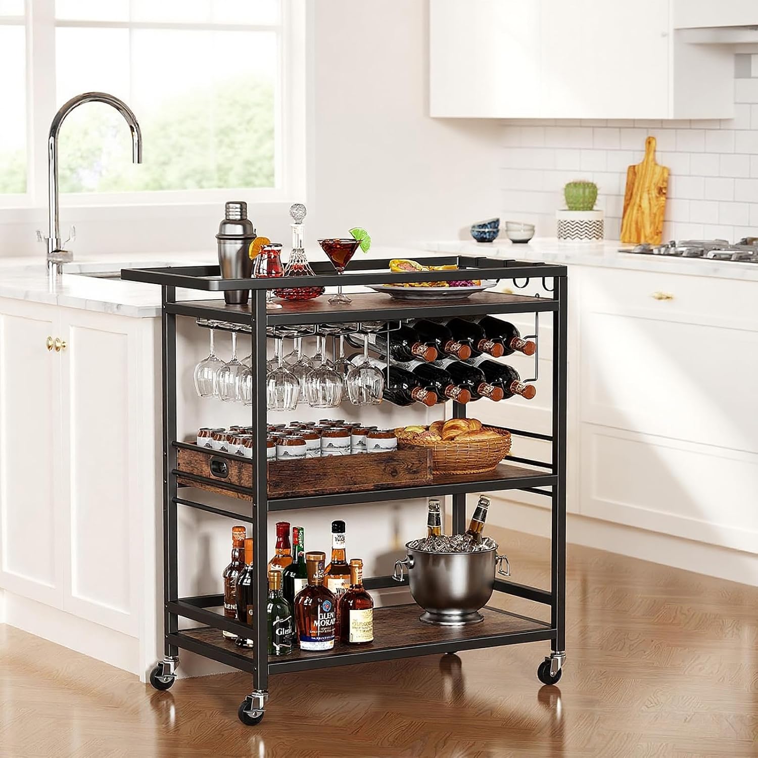 Leteuke Bar Cart for Home, 3 Tier Rolling Serving Carts with Wheels | Drink Cart, Liquor Stand with Removable Tray, Wine Rack and Glass Holder for Kitchen, Outdoor, Dining Room-Black Brown