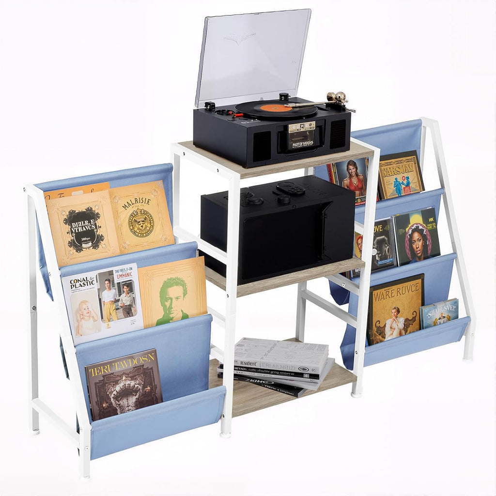 FurnitureR 3-Tier End Table with Record Player Stand and Vinyl Storage, Multi-Purpose Side Table Bookcase and Magazine Rack with Dual-Sided Fabric Pockets, Display Shelf Organizer, Blue/White