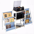 FurnitureR 3-Tier End Table with Record Player Stand and Vinyl Storage, Multi-Purpose Side Table Bookcase and Magazine Rack with Dual-Sided Fabric Pockets, Display Shelf Organizer, Blue/White