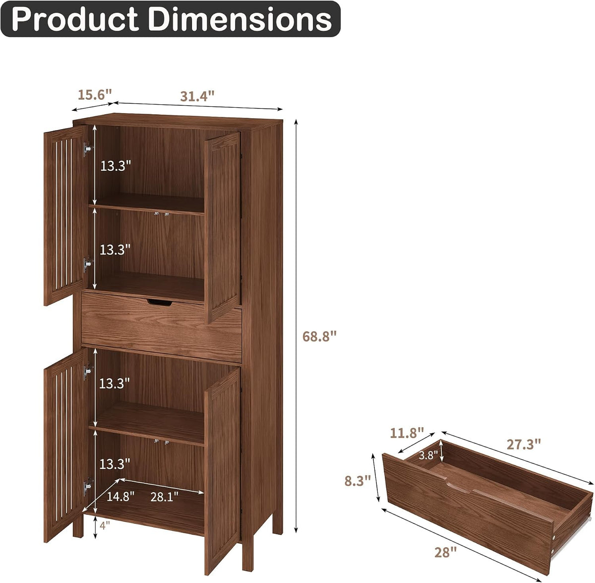 BVIUNTWO Farmhouse Wooden Kitchen Pantry Storage Cabinet, Tall Storage Cupboard with Slatted Doors & Drawer, 68.8" Freestanding Cabinet for Kitchen, Dining Room, Living Room, Brown