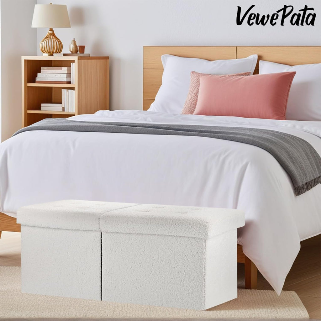 Storage Ottoman Bench, 34" Teddy Velvet Folding Foot Rest, White | Large Ottoman with Storage, Thicker Foam Padded Seat, 34 x 13 x 13in, Livingroom, Dorm, Bedroom, Easy to install, 86L