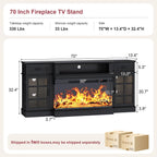oneinmil 70" Fireplace TV Stand with 3-Sided Glass Fireplace, Modern Wood Entertainment Center with LED Lights and Glass Door, 36" Fire Place TV Stands for Living Room, Black