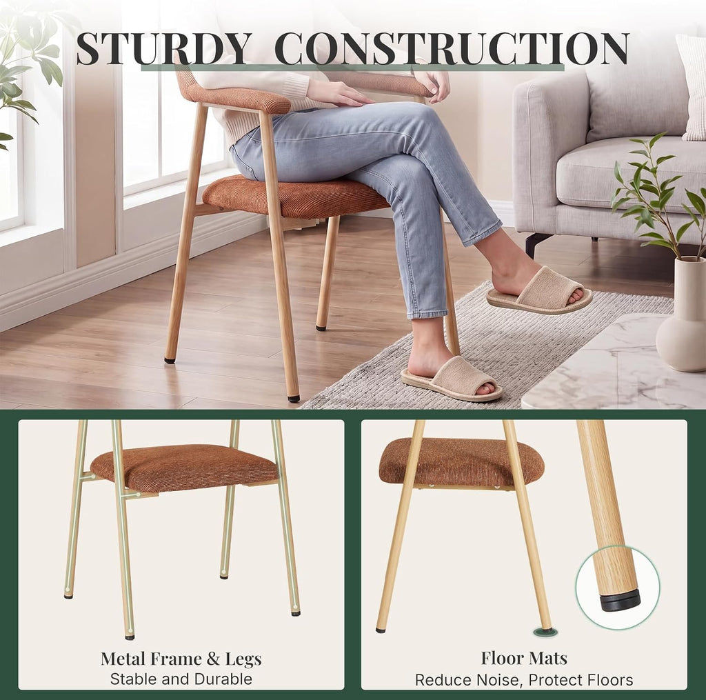 Dining Chairs Set of 4, Fabric Kitchen Side Chair for Living Room | Modern, Upholstered, Ergonomic Curved Backrest, Armrest, Metal Wood Grain Legs, Comfy, Orange