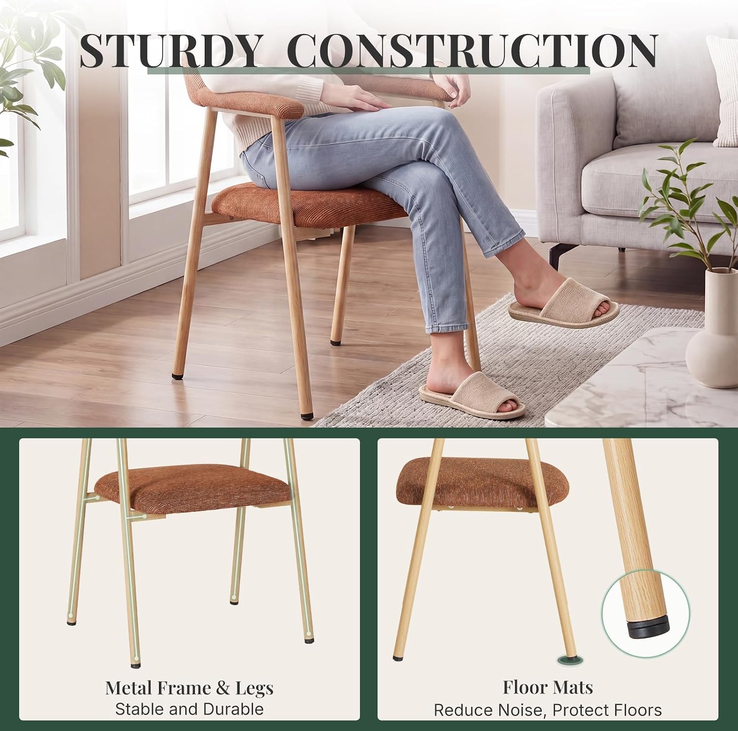 Dining Chairs Set of 4, Fabric Kitchen Side Chair for Living Room | Modern, Upholstered, Ergonomic Curved Backrest, Armrest, Metal Wood Grain Legs, Comfy, Orange