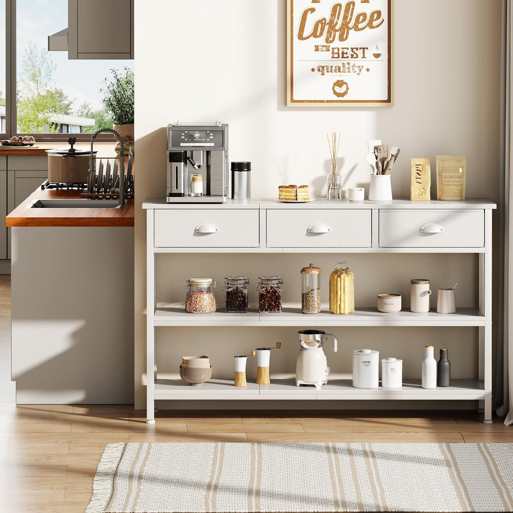 47" console table Set of 2 with 3 Drawers, Sofa Table for Behind Couch | Industrial Hallway Table with Open Wooden Shelves for Hallway, Entry Way, Living Room, Kitchen, Foyer, White