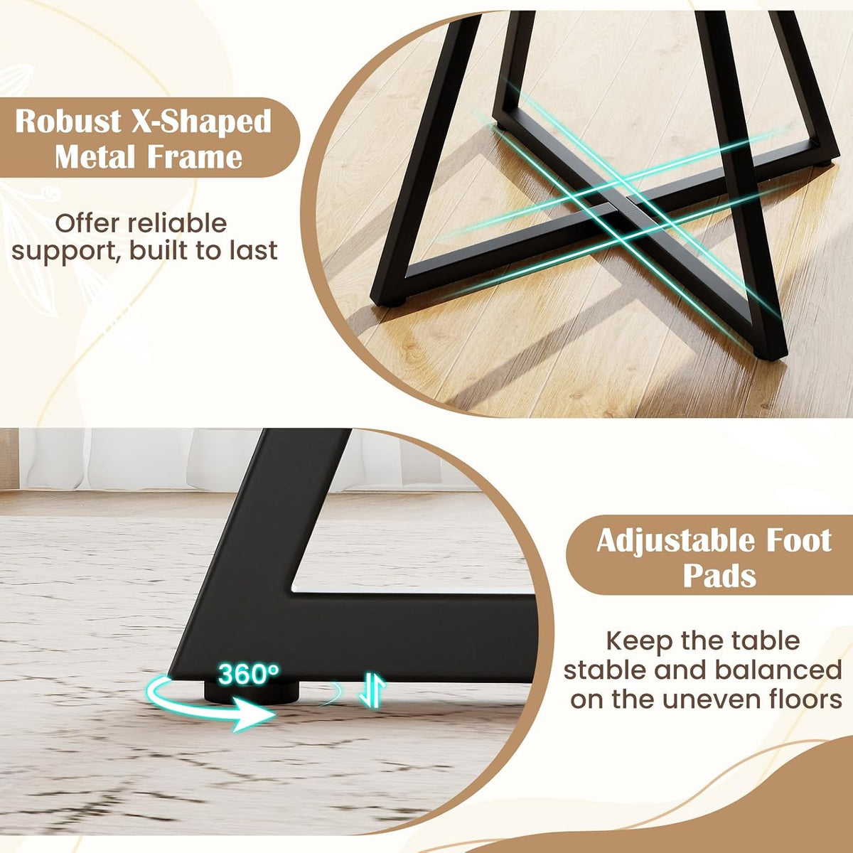 KOTEK 47 Inches Round Dining Table for 4, Farmhouse Kitchen Table with Storage Shelf, X-Shaped Metal Base, Adjustable Foot Pads, Circle Dinner Table for Dining Room, Living Room