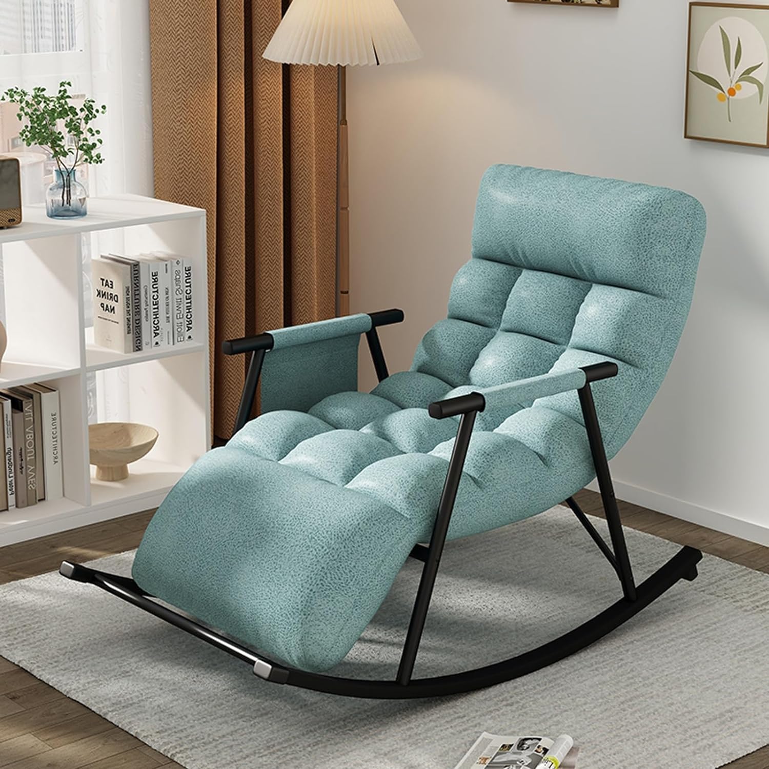 Leisure Rocking Chair and Footstool Set,Modern Living Room Rocking Chair with Cushion,Bedroom Breathable Sofa Lounger with Legrest,Comfortable Garden Rocking Chair with Armres,Light Blue,One