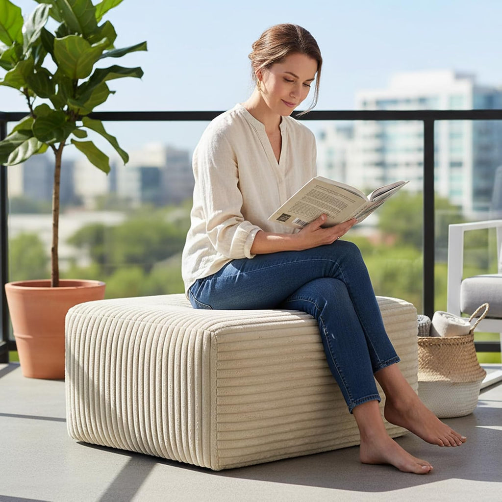 EVLIQUIL Large Ottoman Foot Rest 37" Beige, Sofa Couch Ottomon with Soft Long-Pile Fabric, High Resilience Foam & Spring Support, Ottoman for Living Room Extra Seating