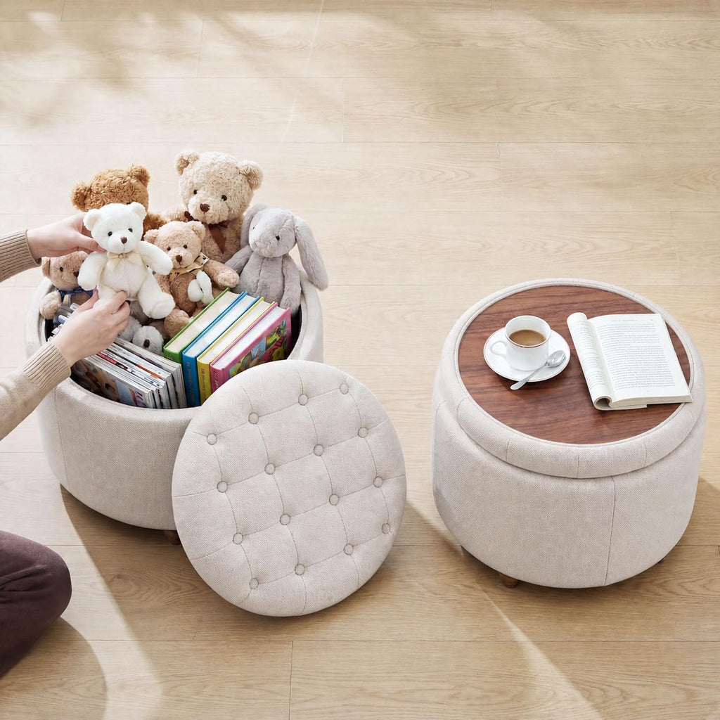 25" Round Ottoman with Storage, Small Coffee Table with Reversible Tray Lid | Tufted Fabric Round Storage Ottoman with Solid Wood Legs, 3-in-1 Footrest for Living Room, Bedroom, Entryway, Camel