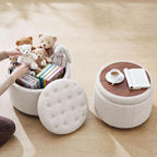 25" Round Ottoman with Storage, Small Coffee Table with Reversible Tray Lid | Tufted Fabric Round Storage Ottoman with Solid Wood Legs, 3-in-1 Footrest for Living Room, Bedroom, Entryway, Camel