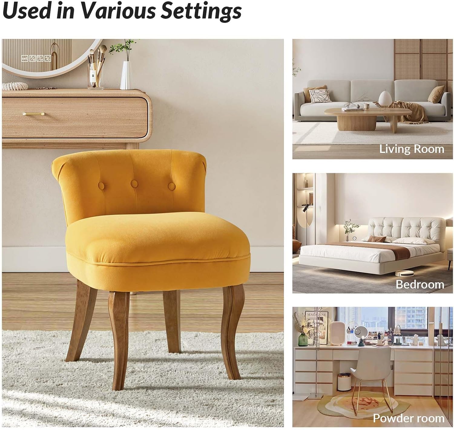 HULALA HOME Velvet Vanity Stool with Low Back, Mustard | Small Modern Vanity Chair with Solid Wood Legs for Women Girls, Bedroom, Dressing Table