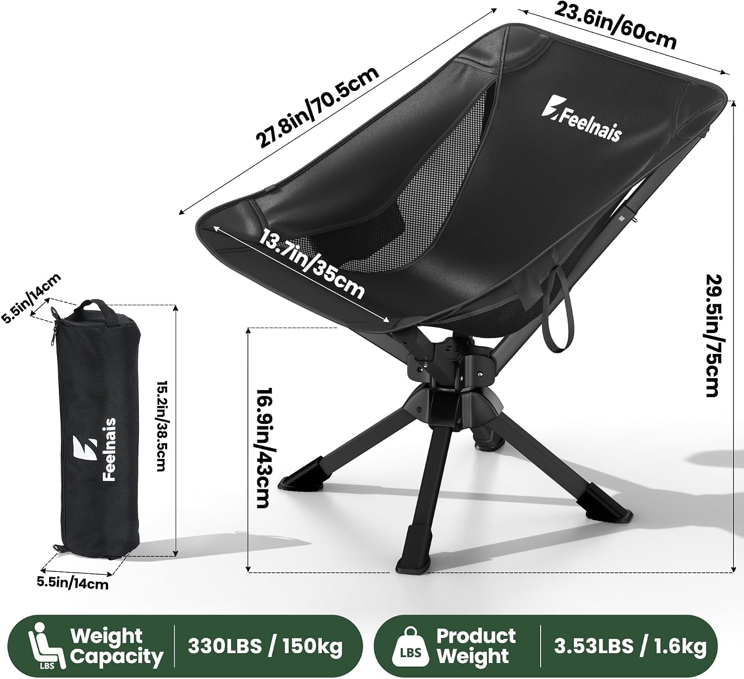 Portable Camping Chairs for Adults, Comfy Folding Camp Chair | 3.5 lbs Lightweight, 10 Seconds Quick Setup, Side Pocket, Storage Bag Easy to Carry for Outdoor Sporting, Holds up to 330 lbs