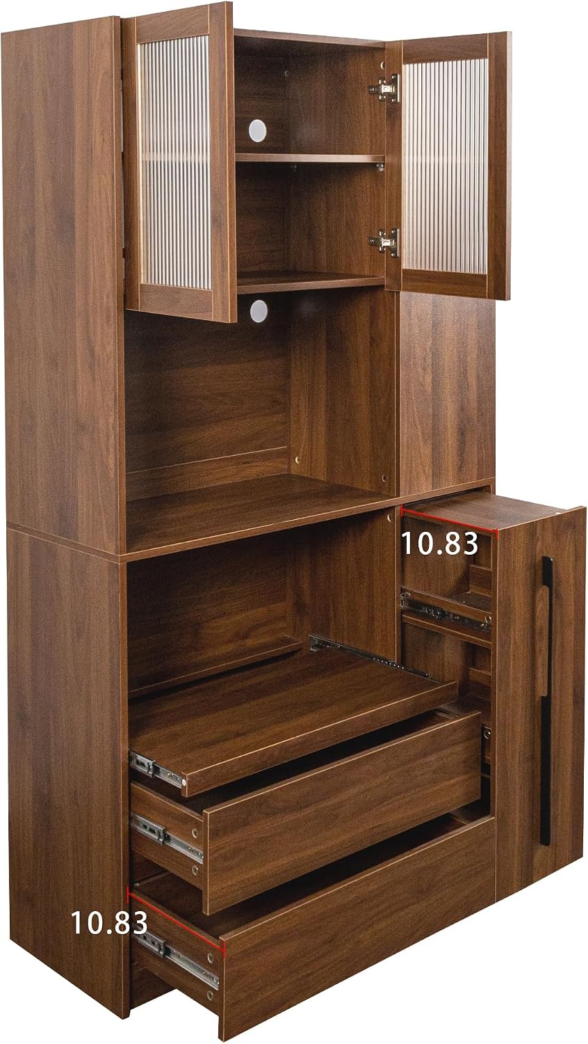 70.87" Kitchen Pantry Cabinet with Microwave Stand, Multi-Tier Pull-Out Storage Shelf, 4-Tier Side Shelf & Glass Door, Freestanding Food Hutch Buffet Sideboard for Dining Room, Walnut