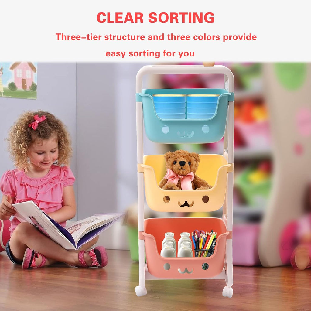 Kids Toy Storage Organizer, Multicolor, 3-Tier Rolling Cart | Children Playroom Decor, Doll Activity Rack Shelf, Plastic Bins Box, Universal Wheels
