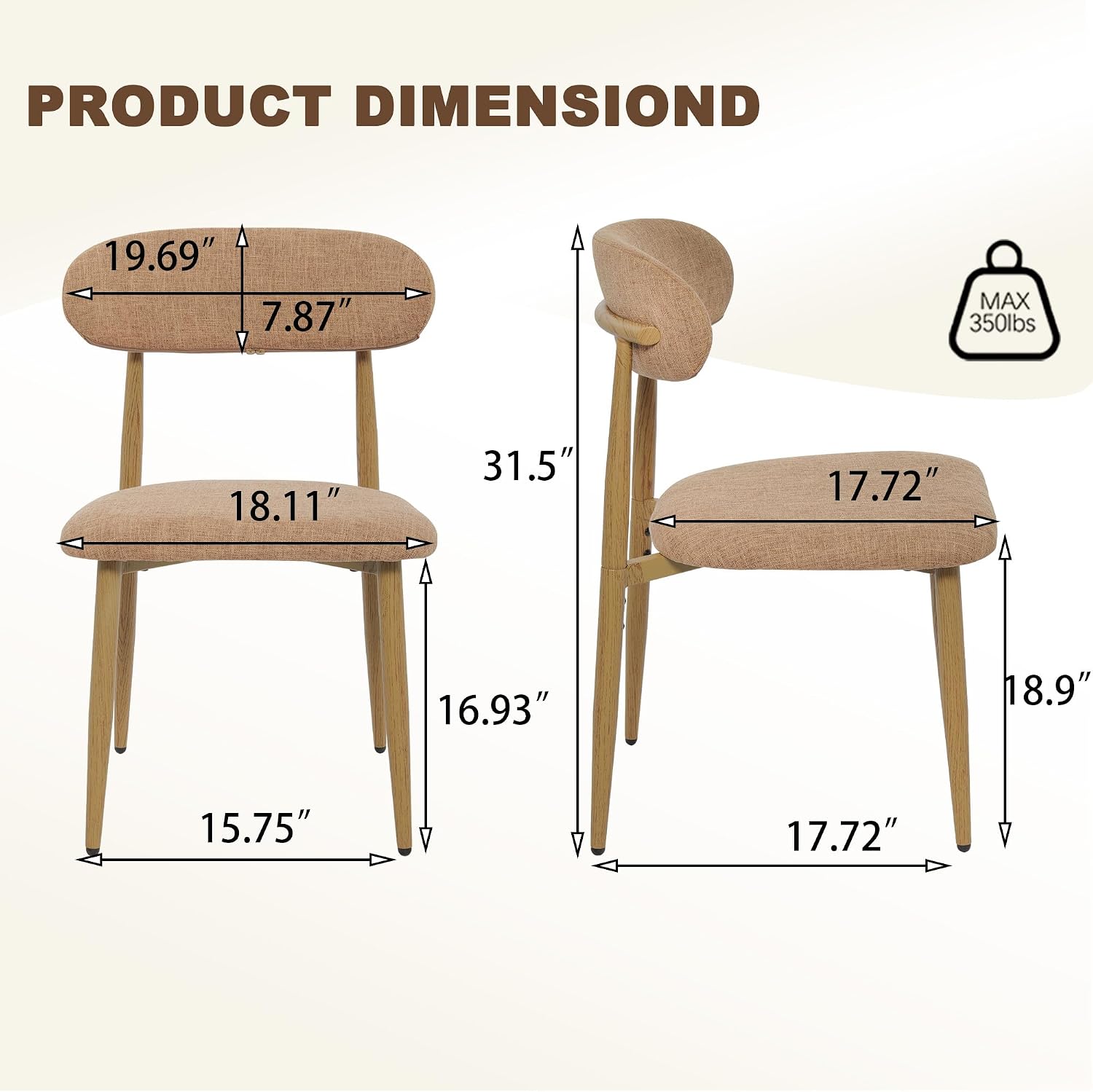 FREKEN Modern Upholstered Dining Chairs Set of 4, Mid-Century Metal Frame with Wood Grain, Linen Fabric Side Chair for Kitchen Dining Room, 350lbs Capacity, Brown