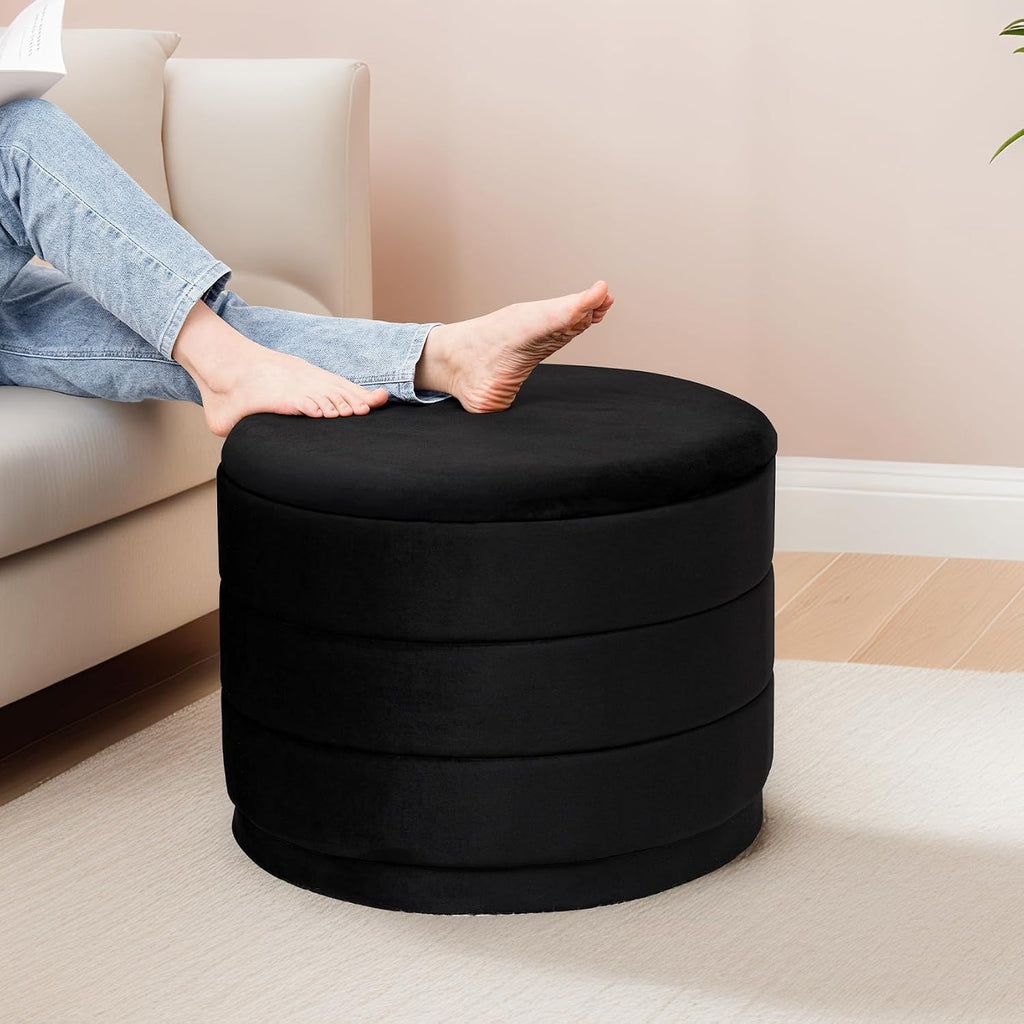 23" Round Velvet Storage Ottoman with Tray | Upholstered Folding Foot Rest Vanity Stool, Multifunctional Coffee Table for Living Room Bedroom Dorm