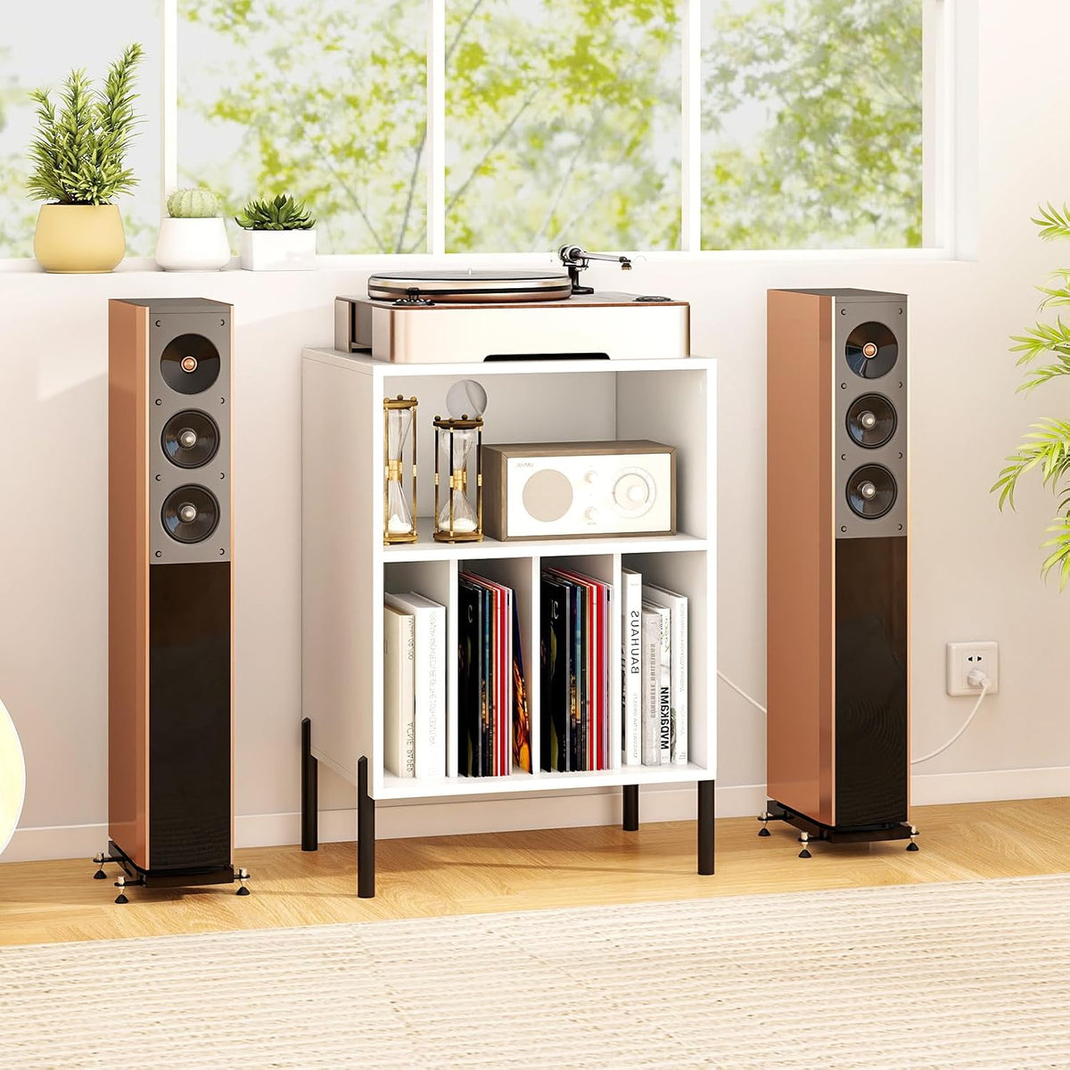 Tangkula Record Player Stand, Turntable Side Table Nightstand w/Charging Station & Vinyl Record Storage Cabinet Holds up to 150 Albums, Record Player Holder for Living Room (White, 31" H)