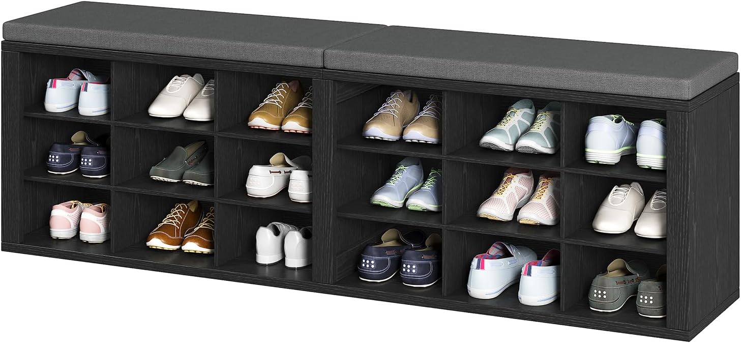 AMONIDA Shoe Storage Bench with Cushion, Entryway Bench with Shoe Storage,18 Cubby Shoe Bench with Removable Dividers, Shoe Organizer Bench for Entryway, Living Room, Light Grey (18, Black)