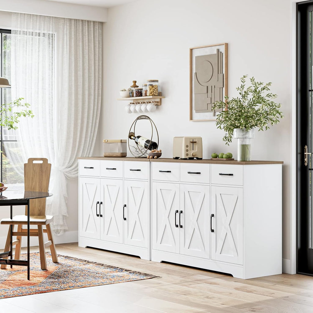 HOSTACK Kitchen Buffet Cabinet with Storage, Sideboard Coffee Bar, White | Farmhouse Kitchen Storage Cabinet with 3 Drawers & Adjustable Shelf, 42.5"W Buffet Table for Dining Living Room