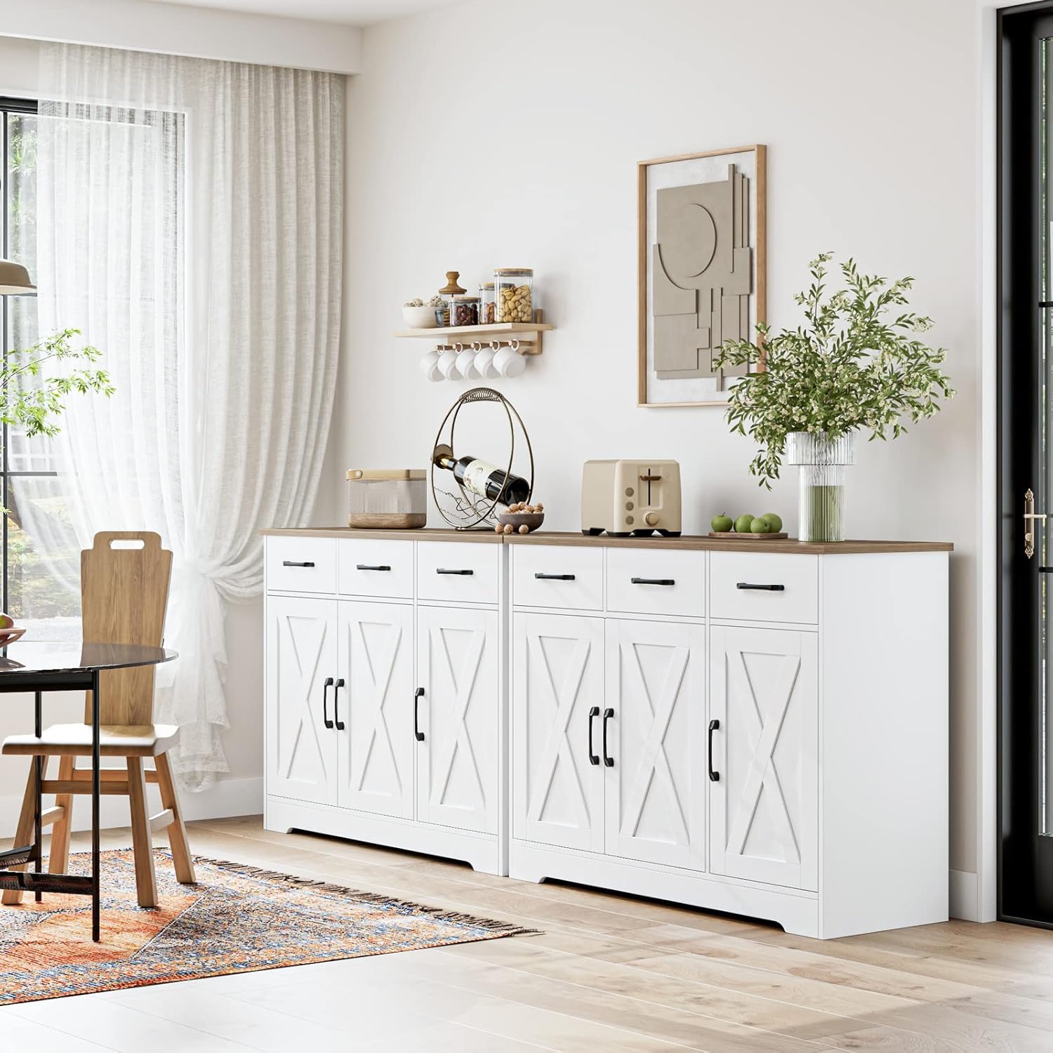 HOSTACK Kitchen Buffet Cabinet with Storage, Sideboard Coffee Bar, White | Farmhouse Kitchen Storage Cabinet with 3 Drawers & Adjustable Shelf, 42.5"W Buffet Table for Dining Living Room