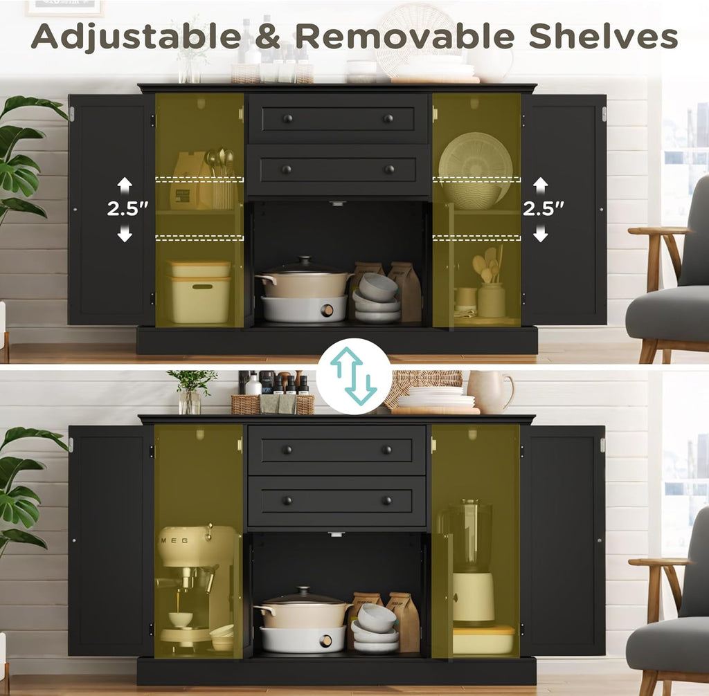 Farmhouse 47" Buffet Cabinet with Storage,Large Sideboard Buffet with Drawers and Adjustable Shelves, Rusitc Coffee Bar Cabinet for Kitchen, Black