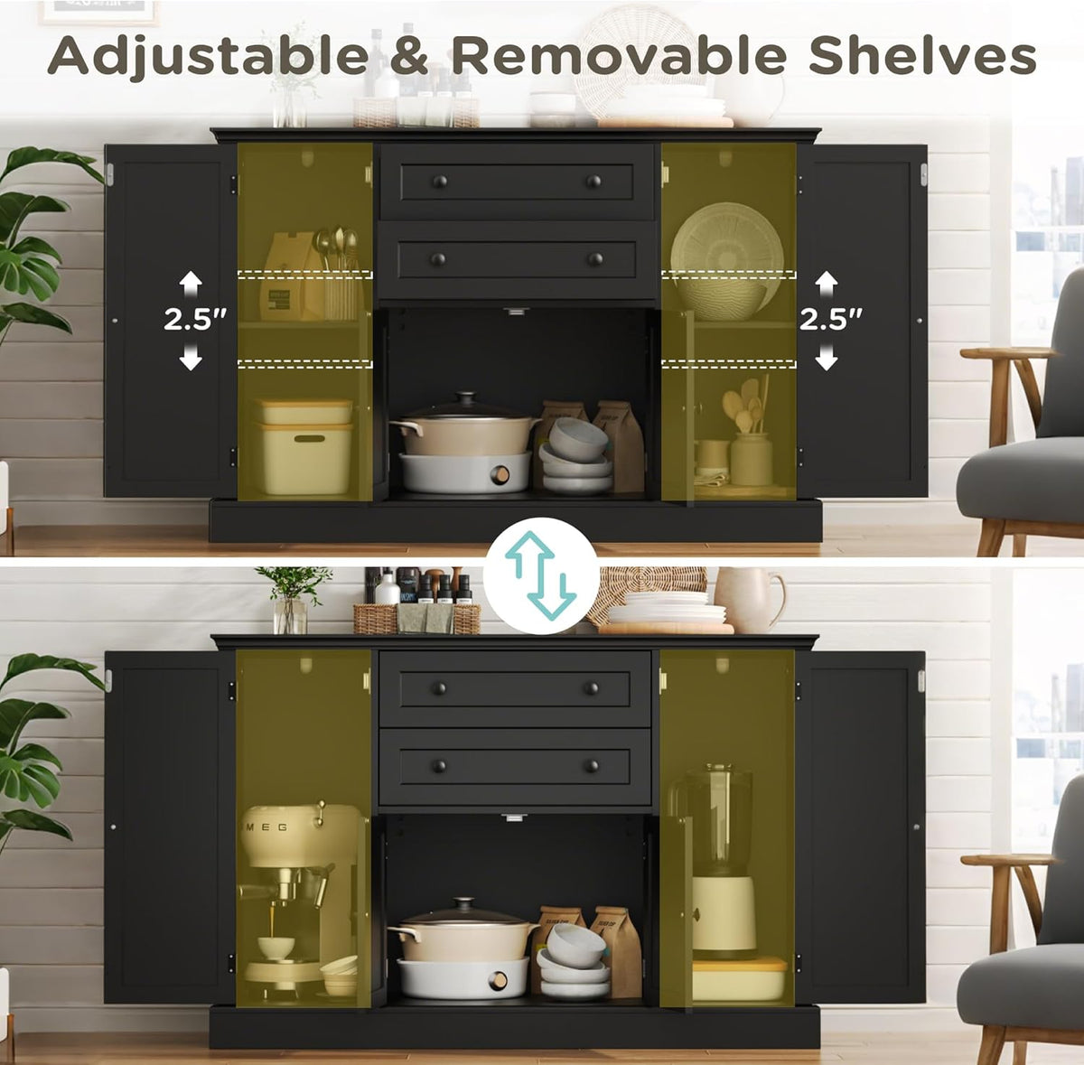 Farmhouse 47" Buffet Cabinet with Storage,Large Sideboard Buffet with Drawers and Adjustable Shelves, Rusitc Coffee Bar Cabinet for Kitchen, Black