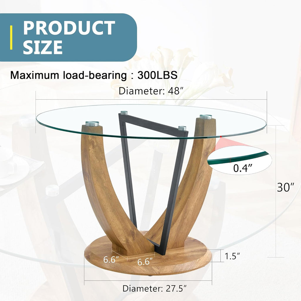 JUFU Round Dining Table for 4/6, 48 Inch Wood Kitchen Table with Stable Pedestal Base, Modern Glass Dining Table for Kitchen, Living Room, Apartment, Restaurant