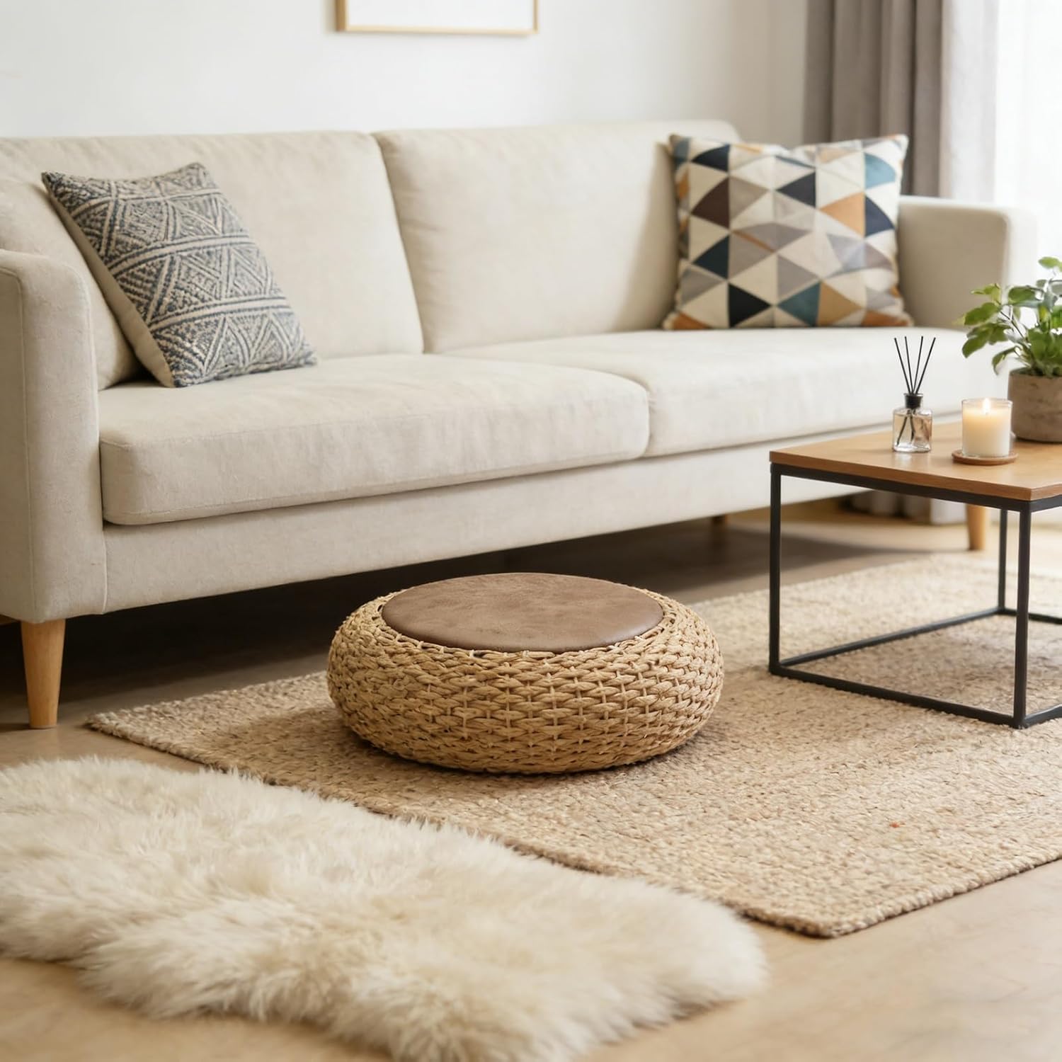 Round Straw Knitted Pouf, Foot Stool Leather Roof Steel Frame Stuffed Futon,for The Living Room Bedroom and Outdoor Seat(50cm/19.6in)