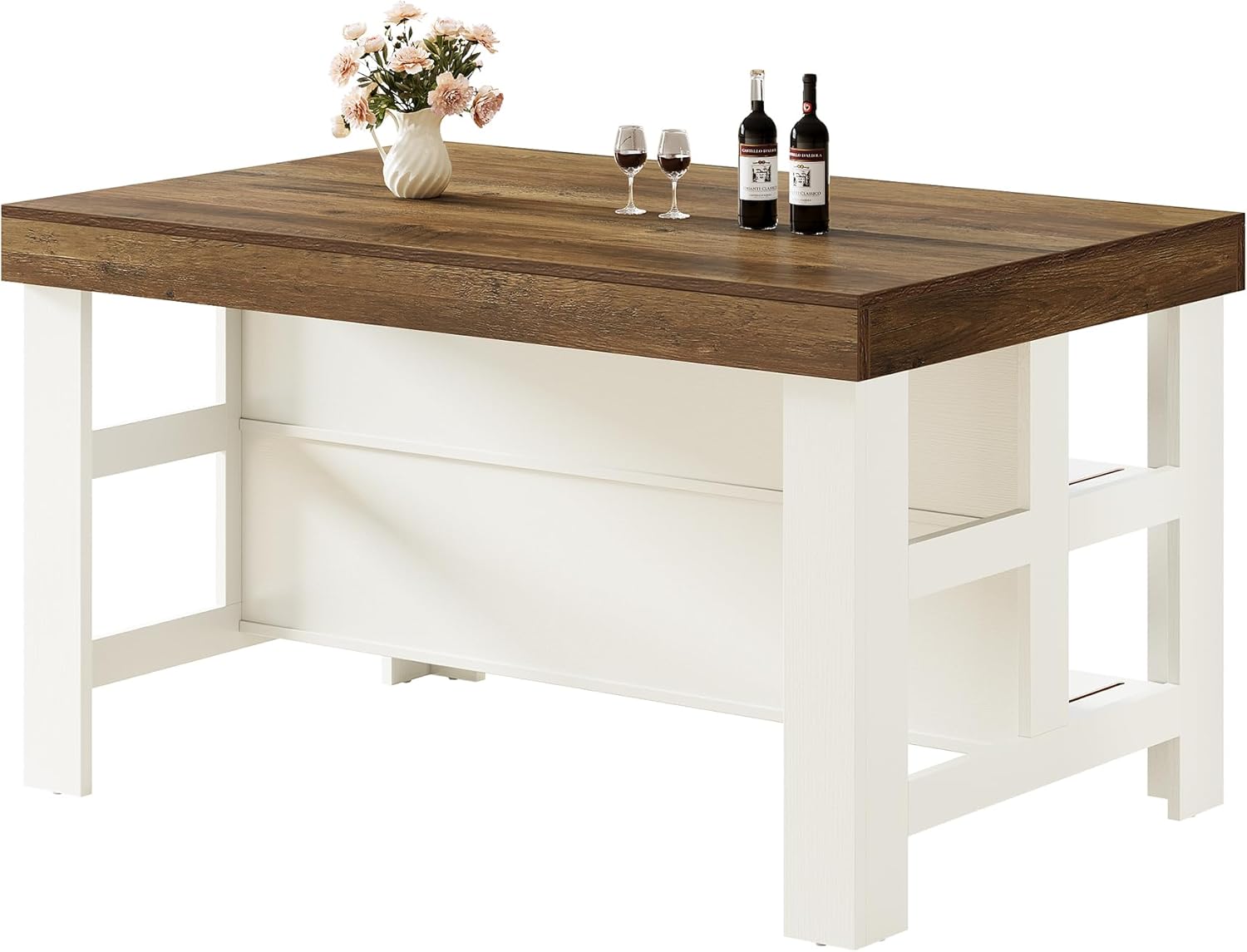 Tribesigns Kitchen Island with Seating and Storage Shelves, 55.1-Inch Breakfast Counter Farmhouse Island Table for Kitchen Dining Room (White and Light Brown)