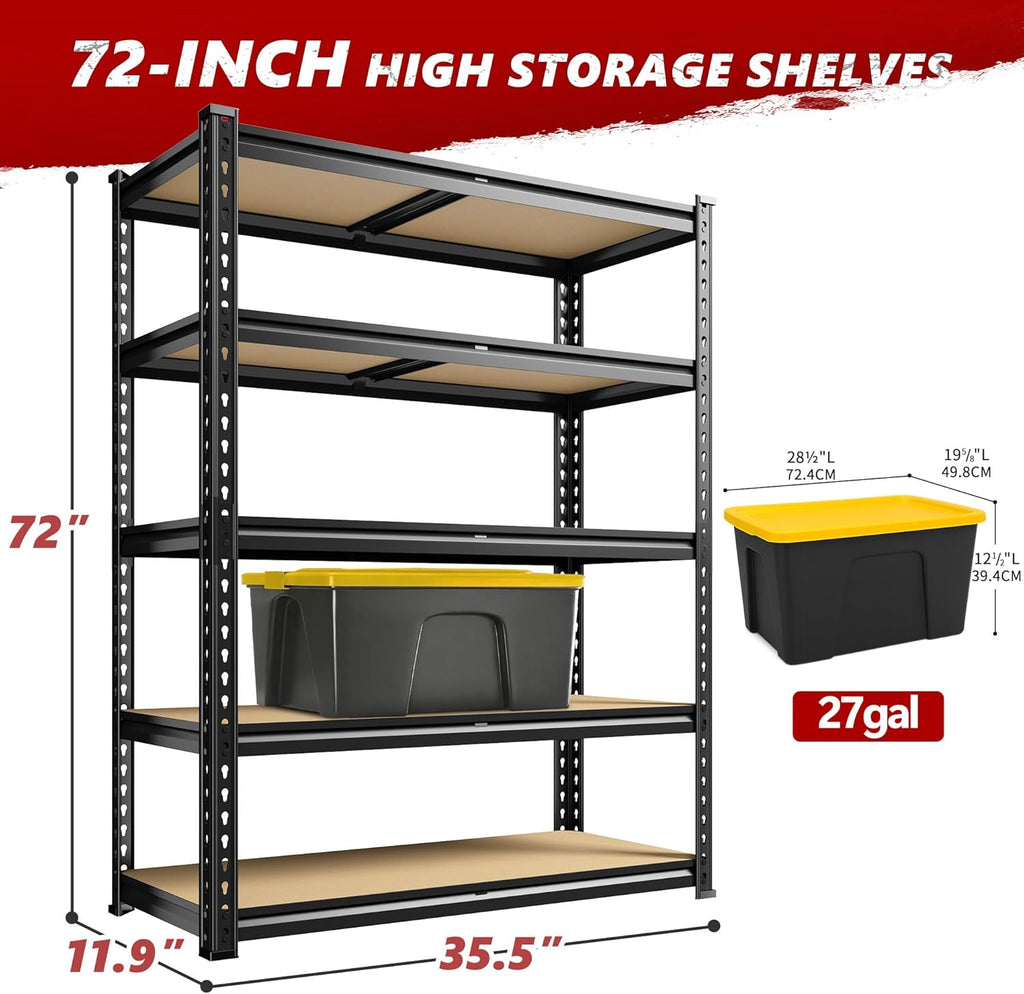 REIBII 2400LBS Storage Shelves 5 Tier Garage Shelving Heavy Duty Adjustable Garage Shelves, Utility Rack Shelf, Shelving Units for Warehouse Pantry Closet, Commercial, 35.5" W x 11.9" D x 72" H, Black